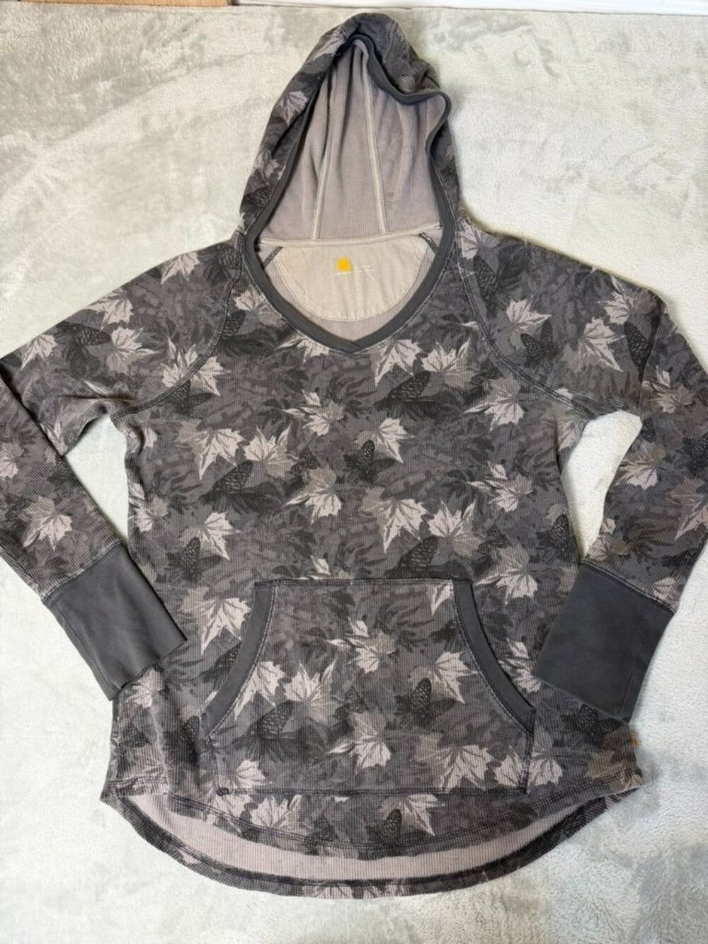 CARHARTT Hoodie Girls Large 12 14 Gray Leaf Print Thermal Waffle Pullover Top